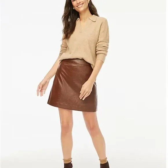 J. Crew Factory Women's Brown Faux Leather Croc Embossed Mini Skirt Size 16 NWT - Picture 2 of 12